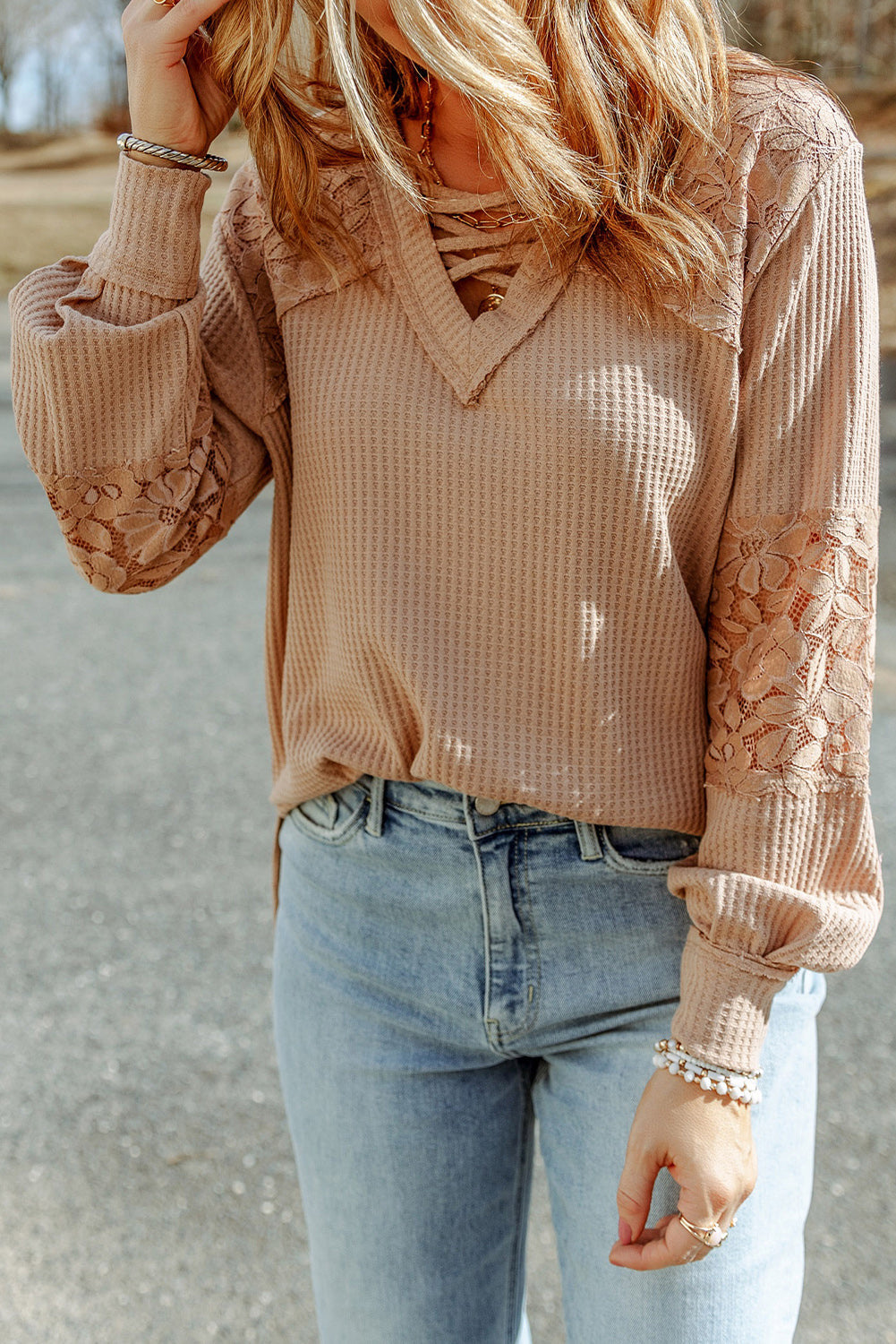 Pink Lace Waffle Patchwork Strappy V Neck Long Sleeve Top