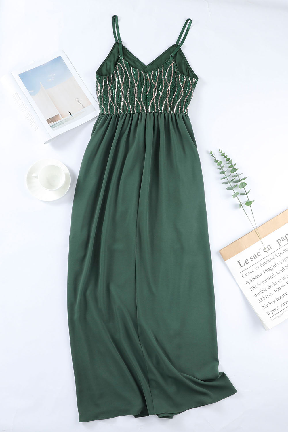 Green Sequin Lines Bodice High Waist Gown