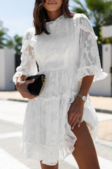 White Sheer Jacquard Ruffle Trim Half Sleeve Dress