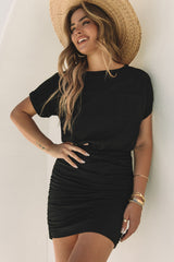 Black Chest Pocket Loose T-shirt Ruched Bodycon Mini Dress