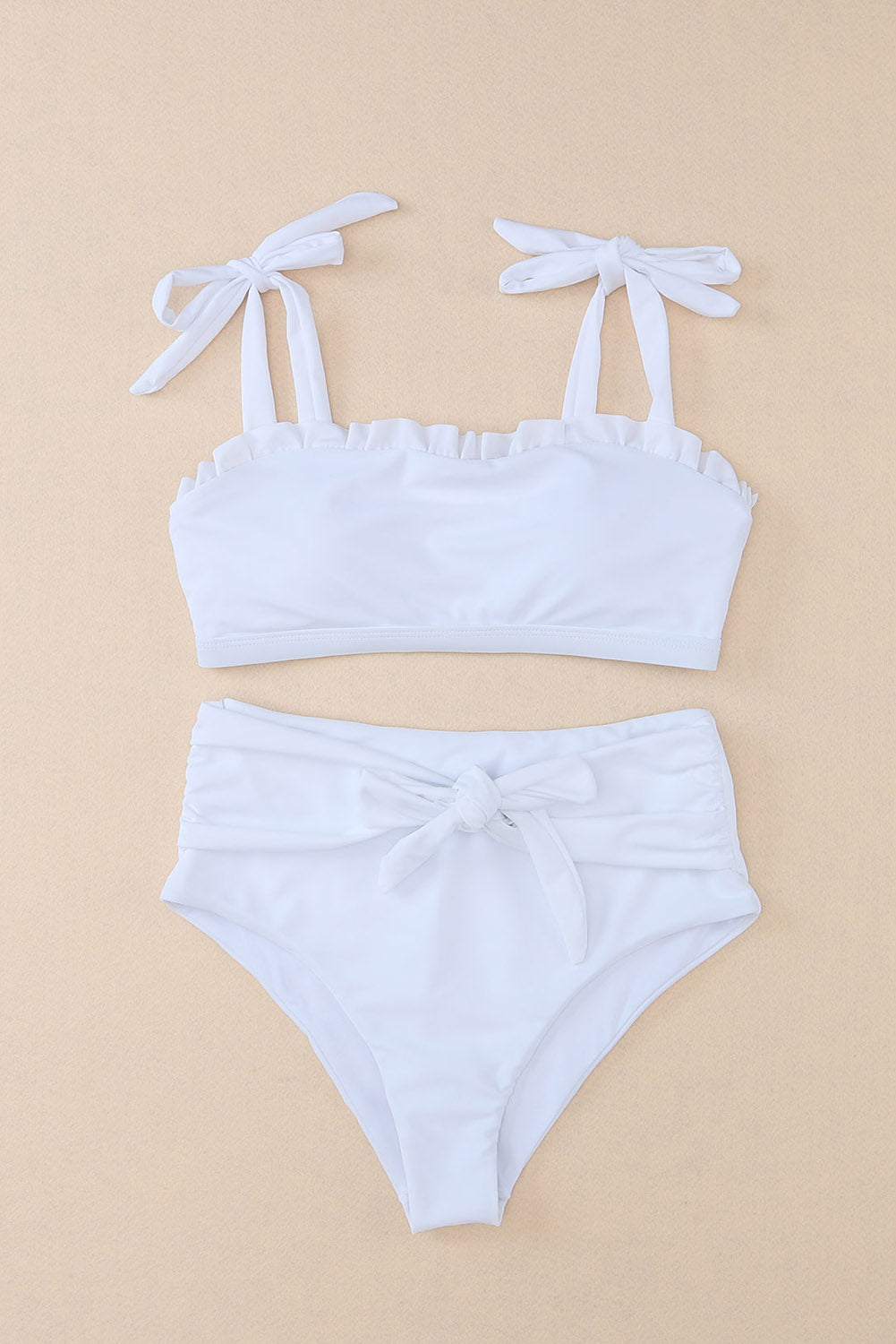 White Frill Trim Tie Shoulder Bikini High Waist Swimsuit