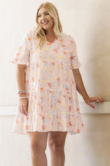 Pink Plus Size Floral Pattern Babydoll Swing Dress