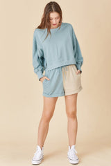 Sky Blue Split Hem Sweatshirt Color Block Shorts Set