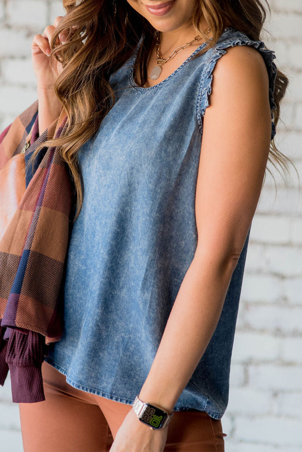 Sky Blue Ruffled Denim Tank Top