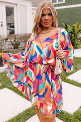 Multicolor Plus Size Abstract Print Oversized Sleeve Belted Dress