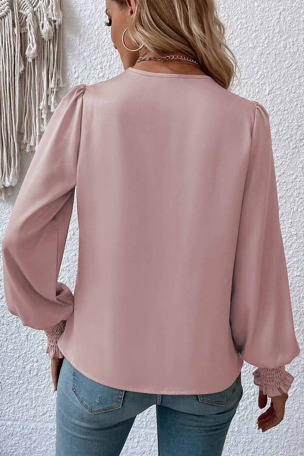 Black Solid Surplice Neck Shirred Cuffs Draped Blouse