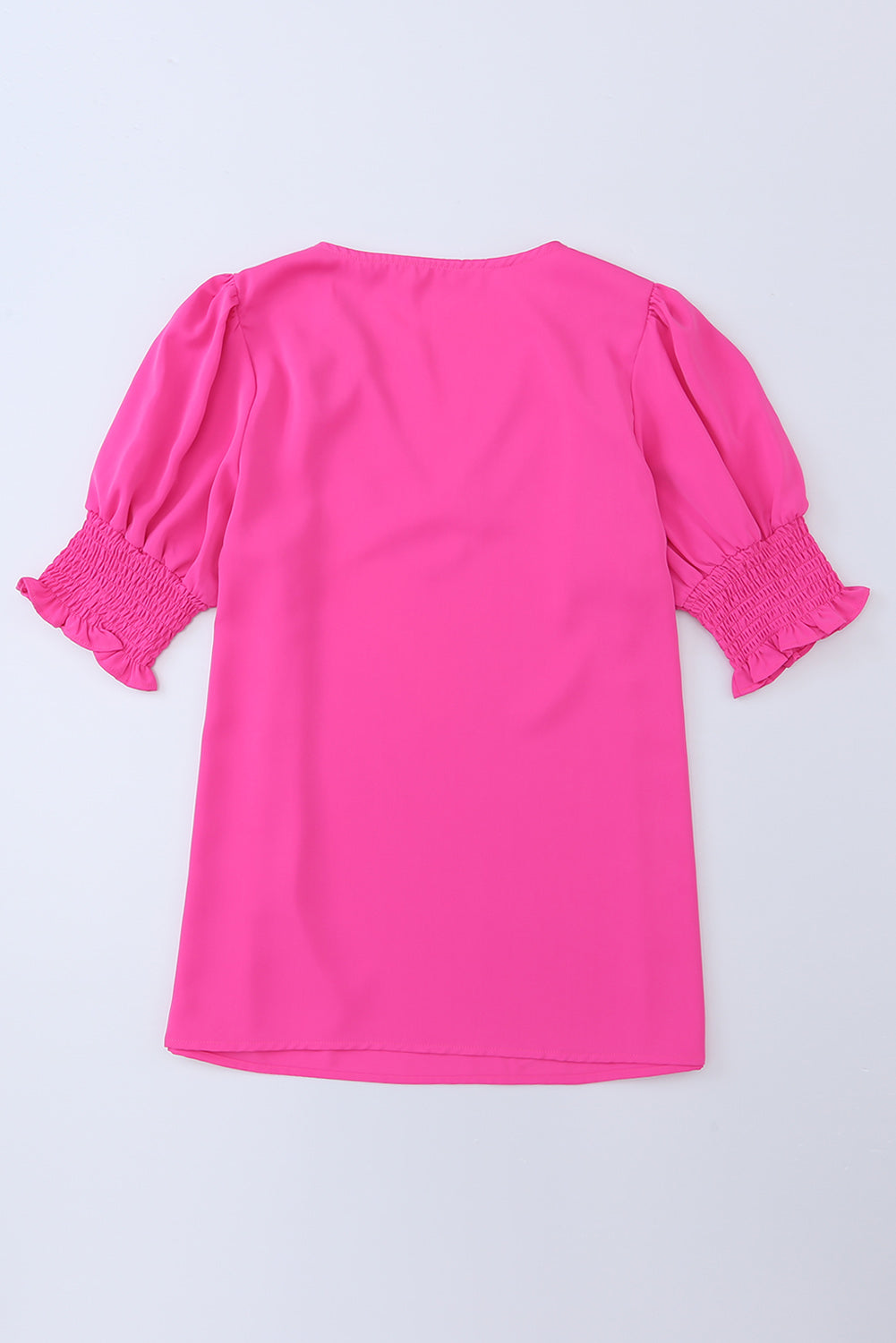 Rose Solid Shirred Half Sleeve V Neck T Shirt