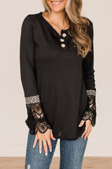 Black Lace Leopard Splicing Buttoned Knit Top