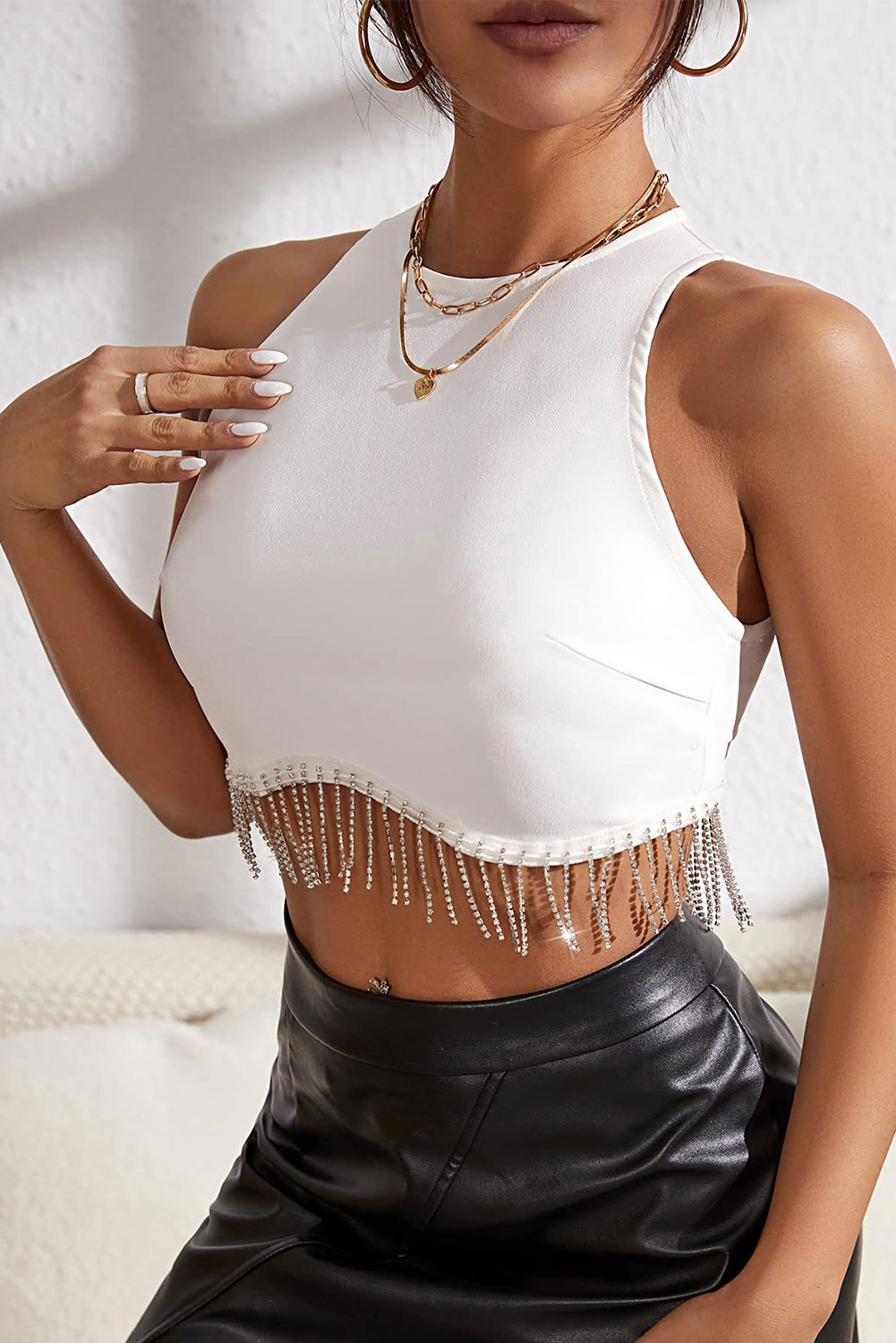 White Rhinestone Fringe Zip Back Round Neck Cropped Tank Top