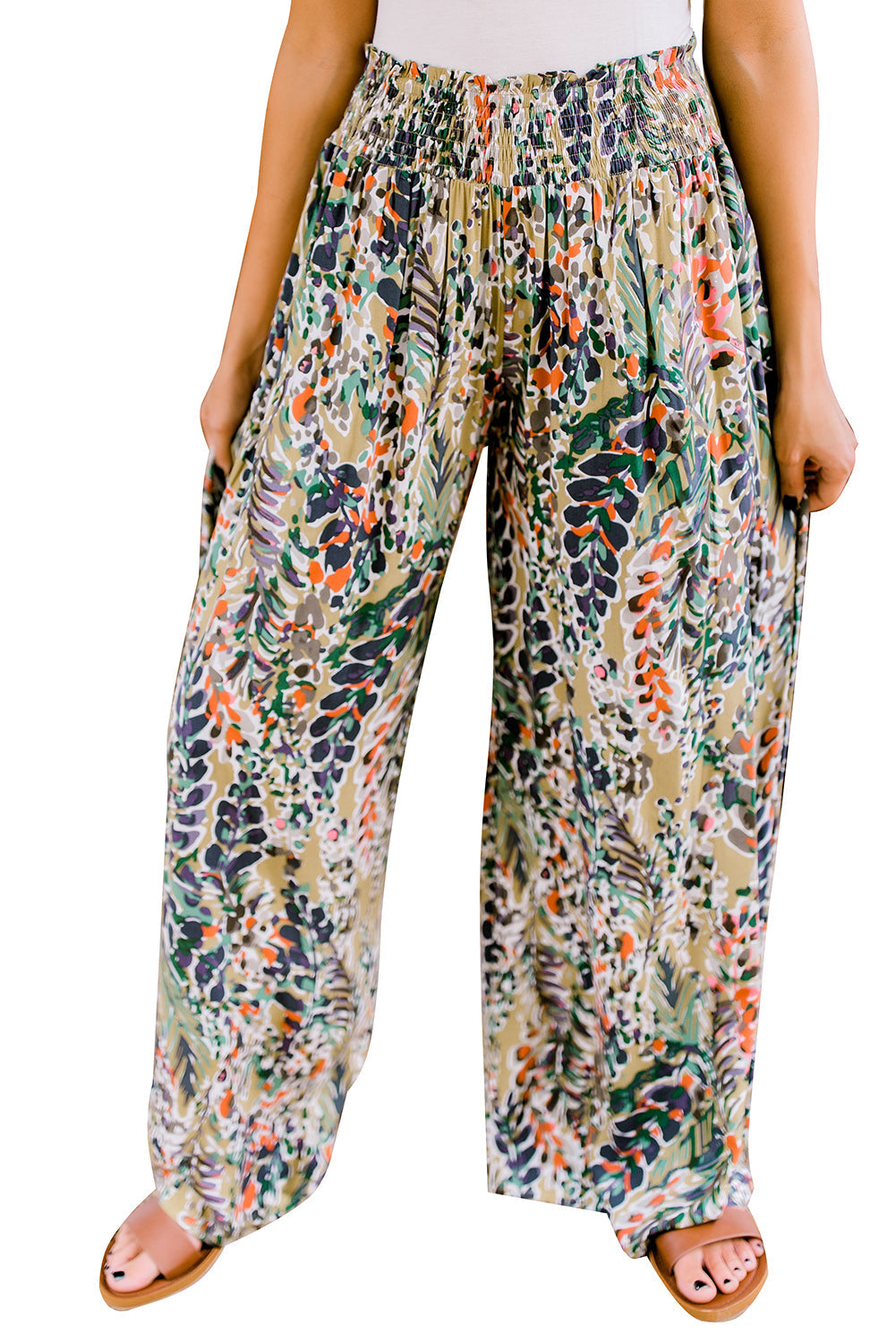 Multicolor Floral Print Shirred High Waist Wide Leg Casual Pants