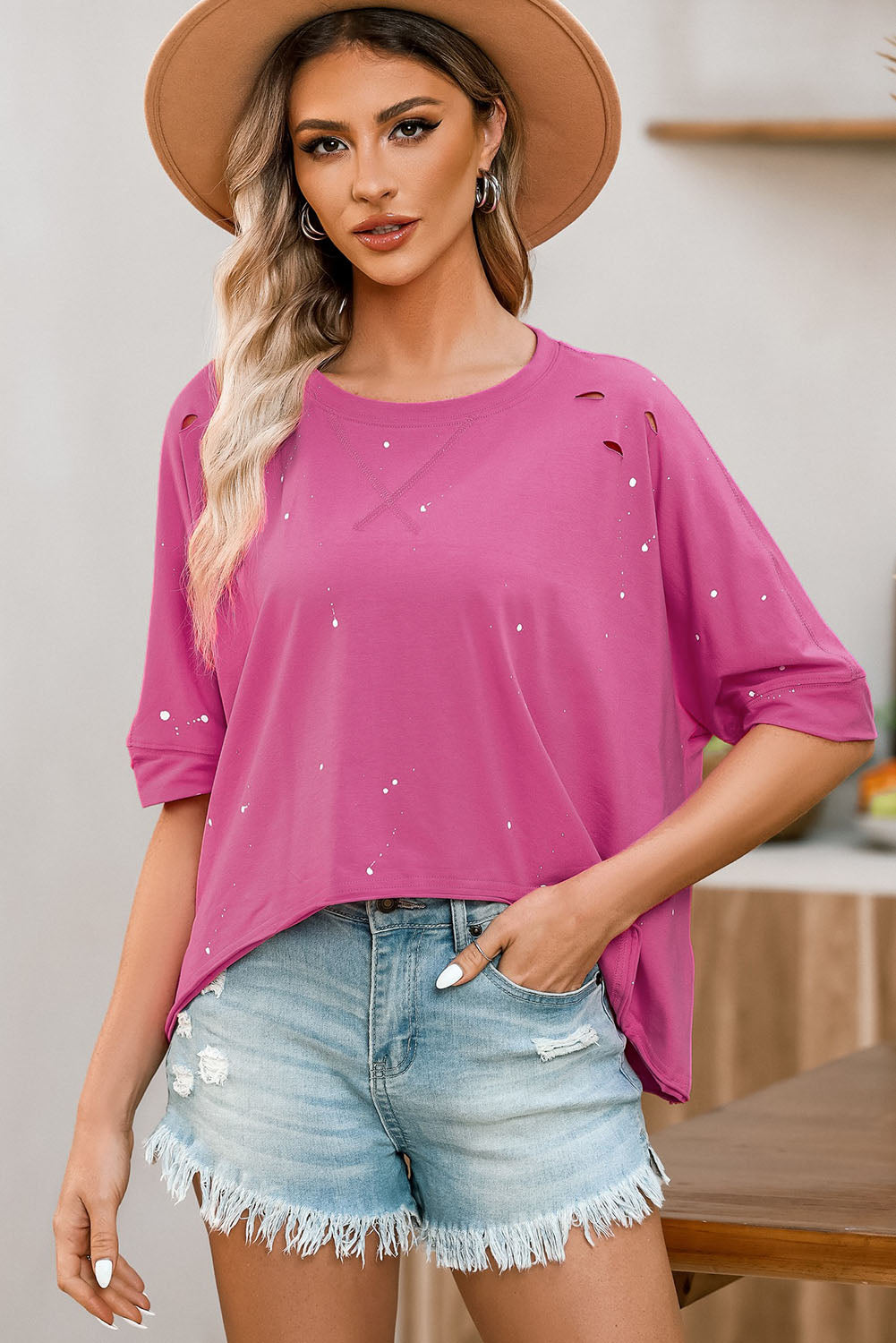 Pink Distressed Bleached Asymmetric Hem Short Sleeve Top