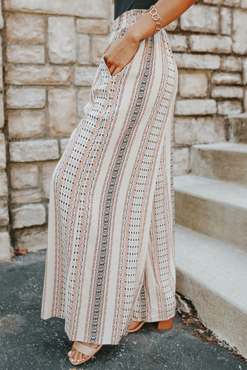 Beige Geometric Pattern Print Shirred Wide Leg Pants