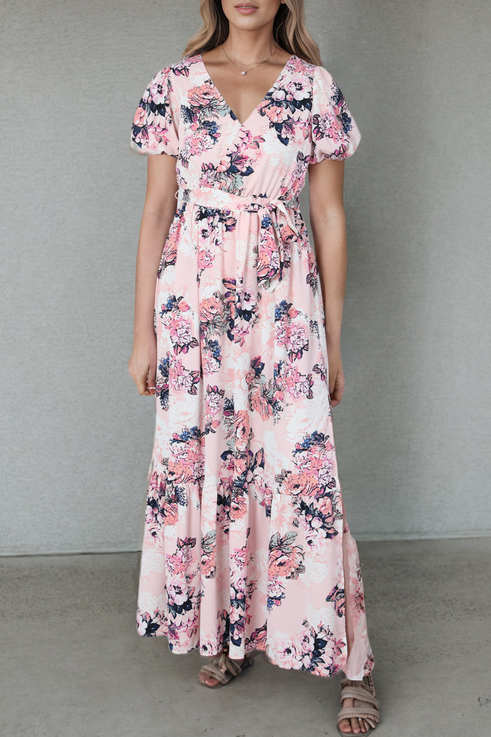 Pink Floral Puff Sleeve High Waist Maxi Dress