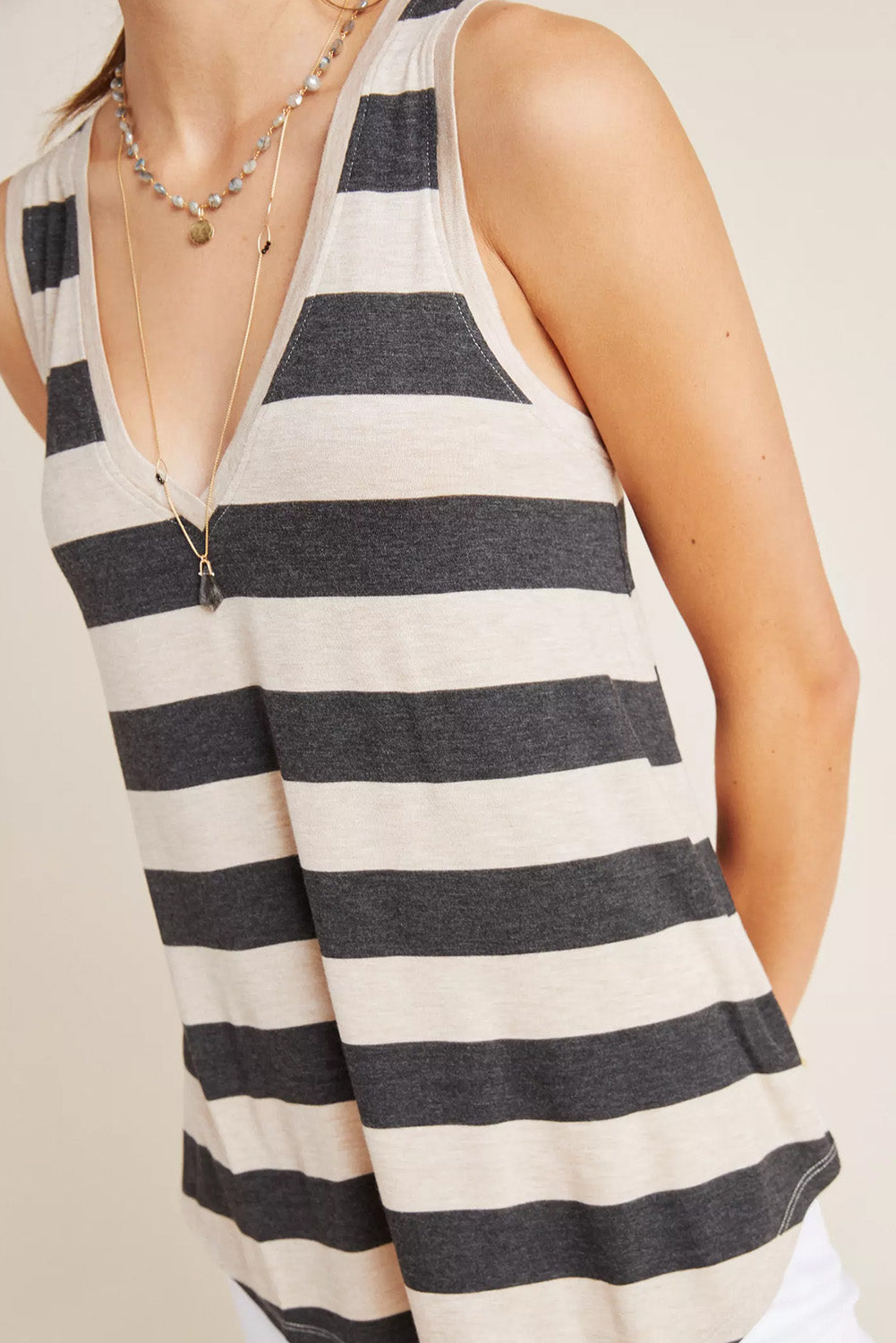 Apricot Striped V Neck Tank Top