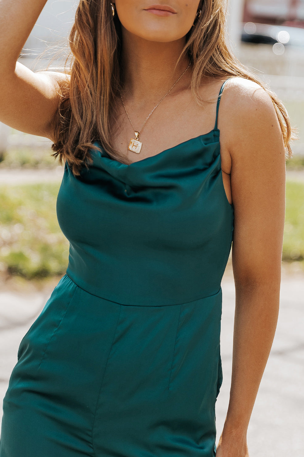 Green Spaghetti Straps Cowl Neck Satin Jumpsuit