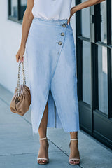 Sky Blue Buttoned Wrap Maxi Denim Skirt