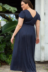 Blue Flutter Sleeve Wrap V Neck Plus Size Belted Dress