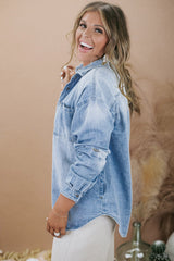 Sky Blue Plus Size Chest Pocket Button-Up Denim Shacket