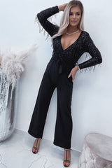 Black Sequin Fringes V Neck Long Sleeve Jumpsuit