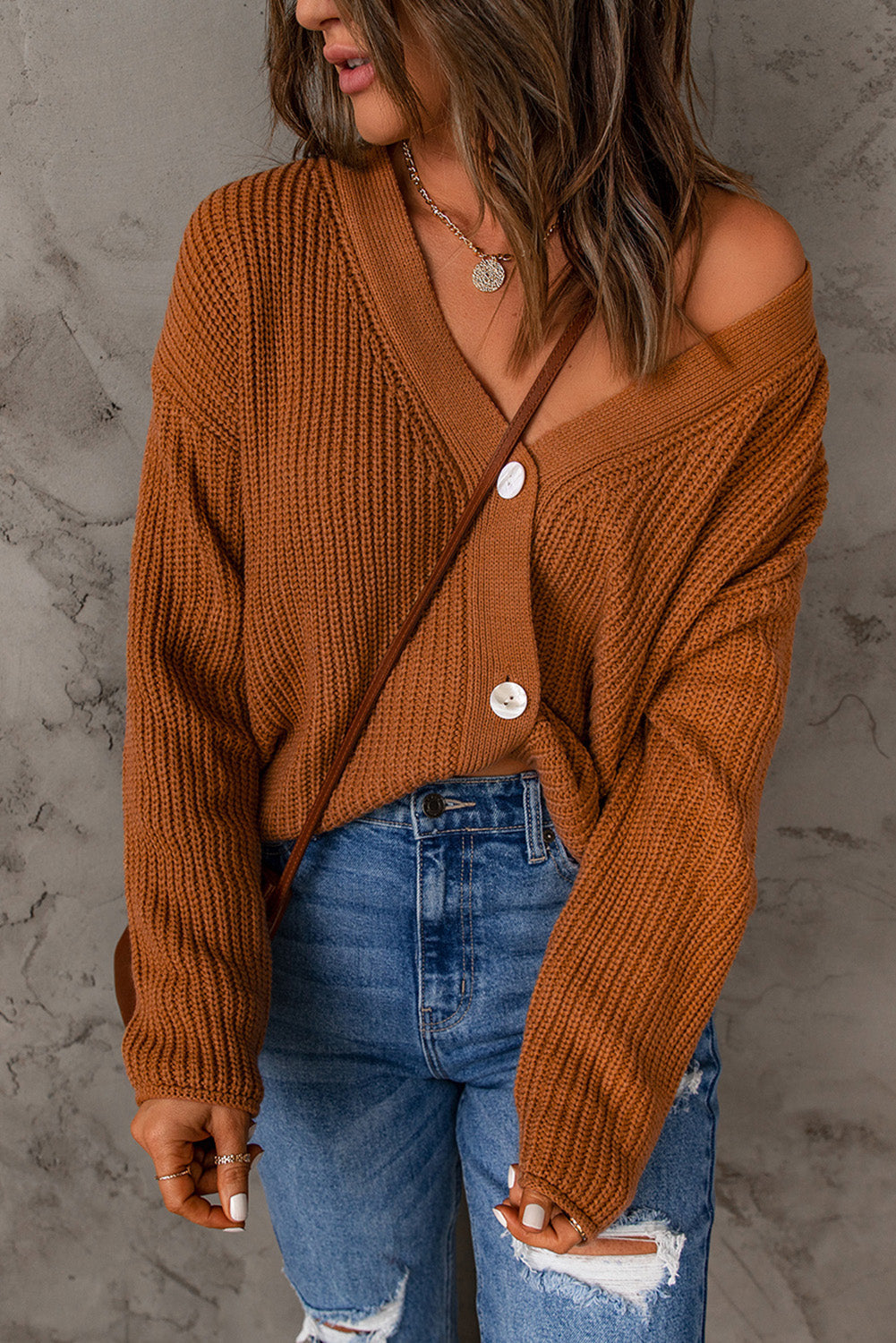 Brown V Neck Drop Shoulder Buttons Cardigan