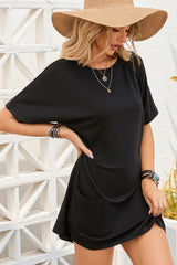 Black Side Pockets Short Sleeve Tunic Top