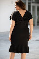 Black Plus Size Pleated V Neck Ruffle Hem Bodycon Dress