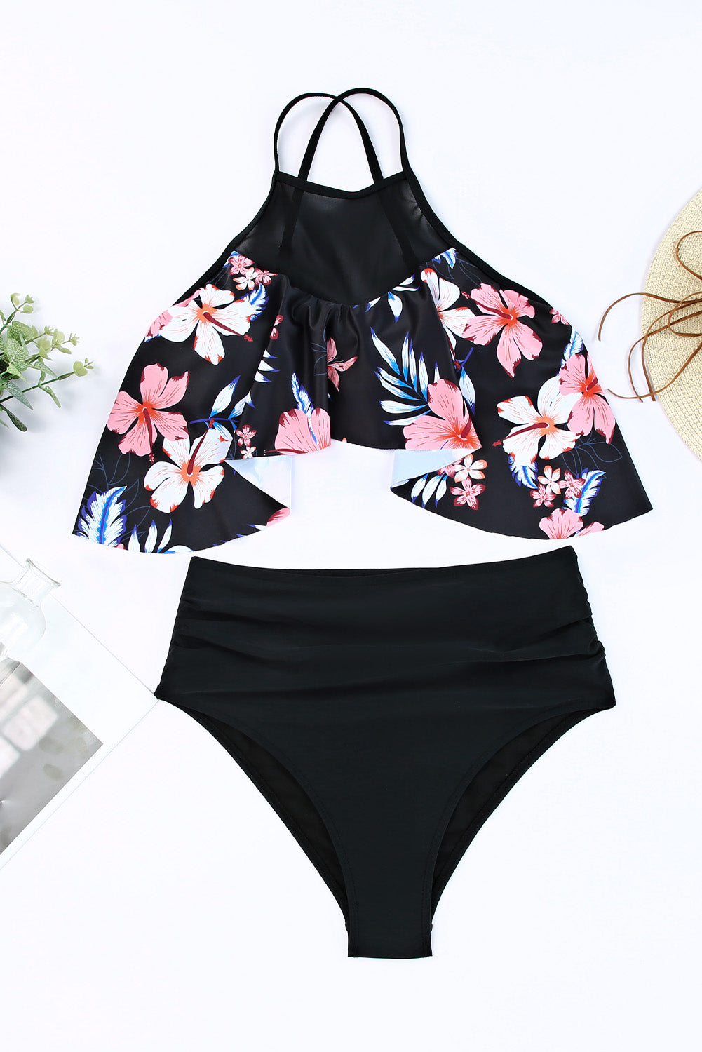 Black Mesh Floral Splicing Bikini