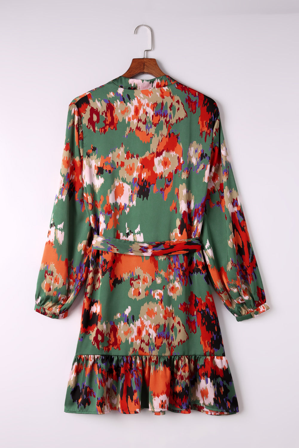 Green Abstract Print Ruffled Drawstring High Waist Mini Dress