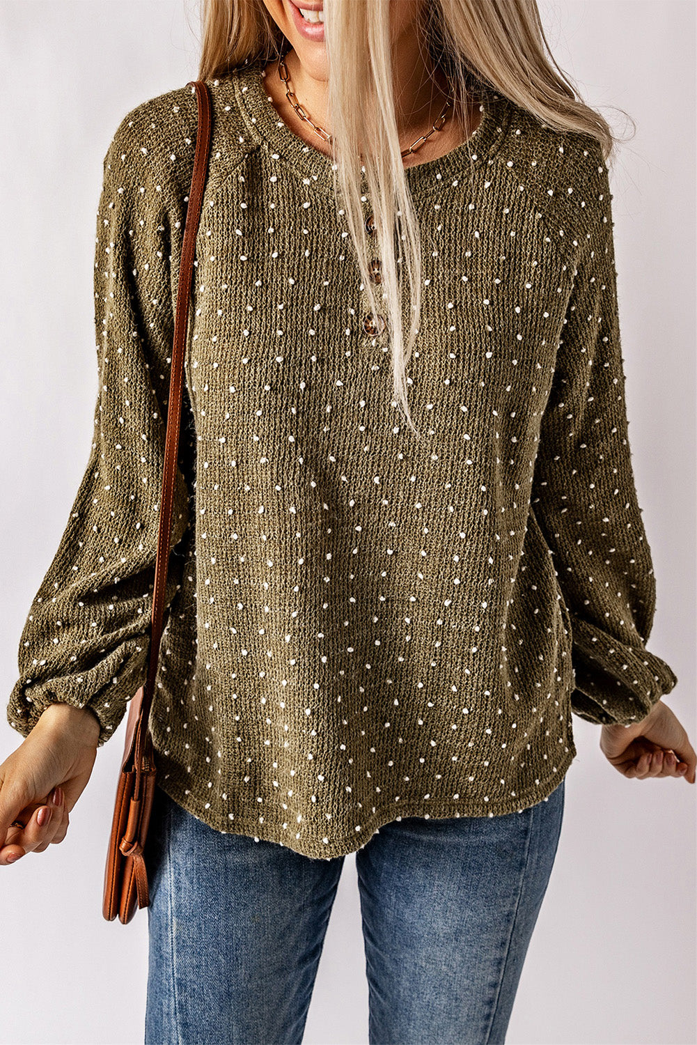 Apricot Swiss Dot Raglan Sleeves Knit Top