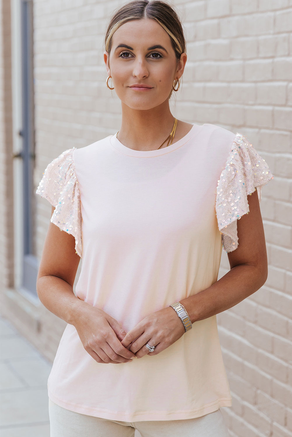 Pink Sequin Sleeves Crew Neck T-Shirt