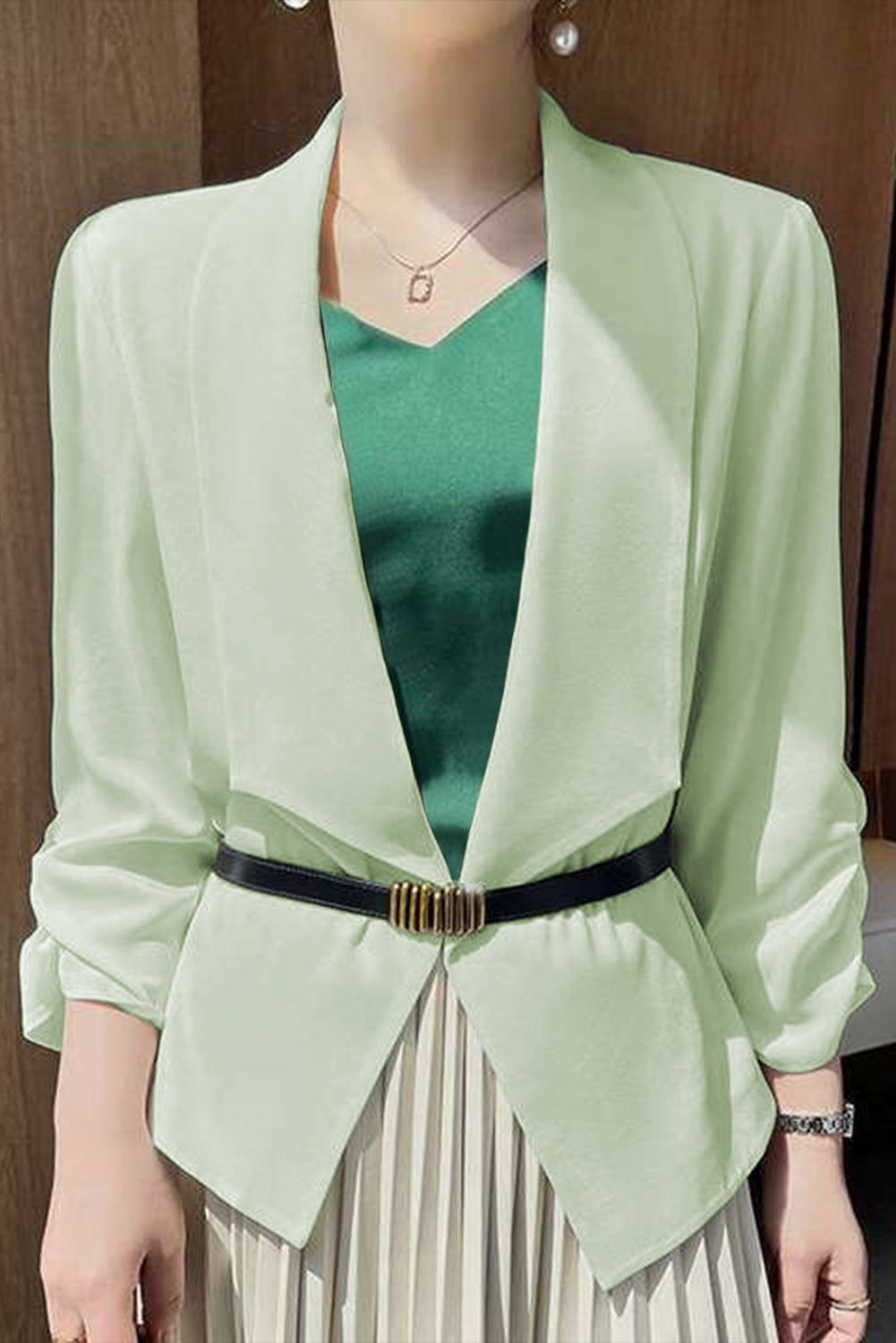 Apricot Solid Lapel Collar Satin Blazer