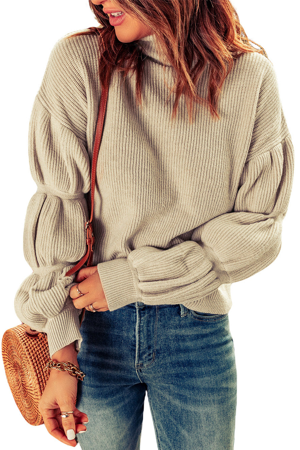 Khaki High Neck Drop Shoulder Rib Knit Sweater