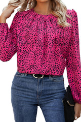 Rose Leopard Print Pleated Blouse with Keyhole