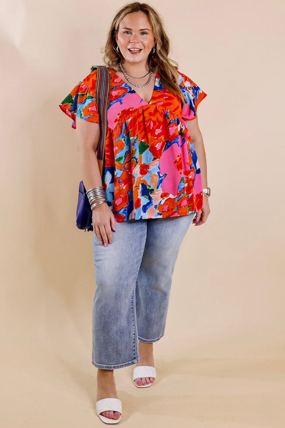 Sky Blue Abstract Print V Neck Flutter Sleeve Blouse