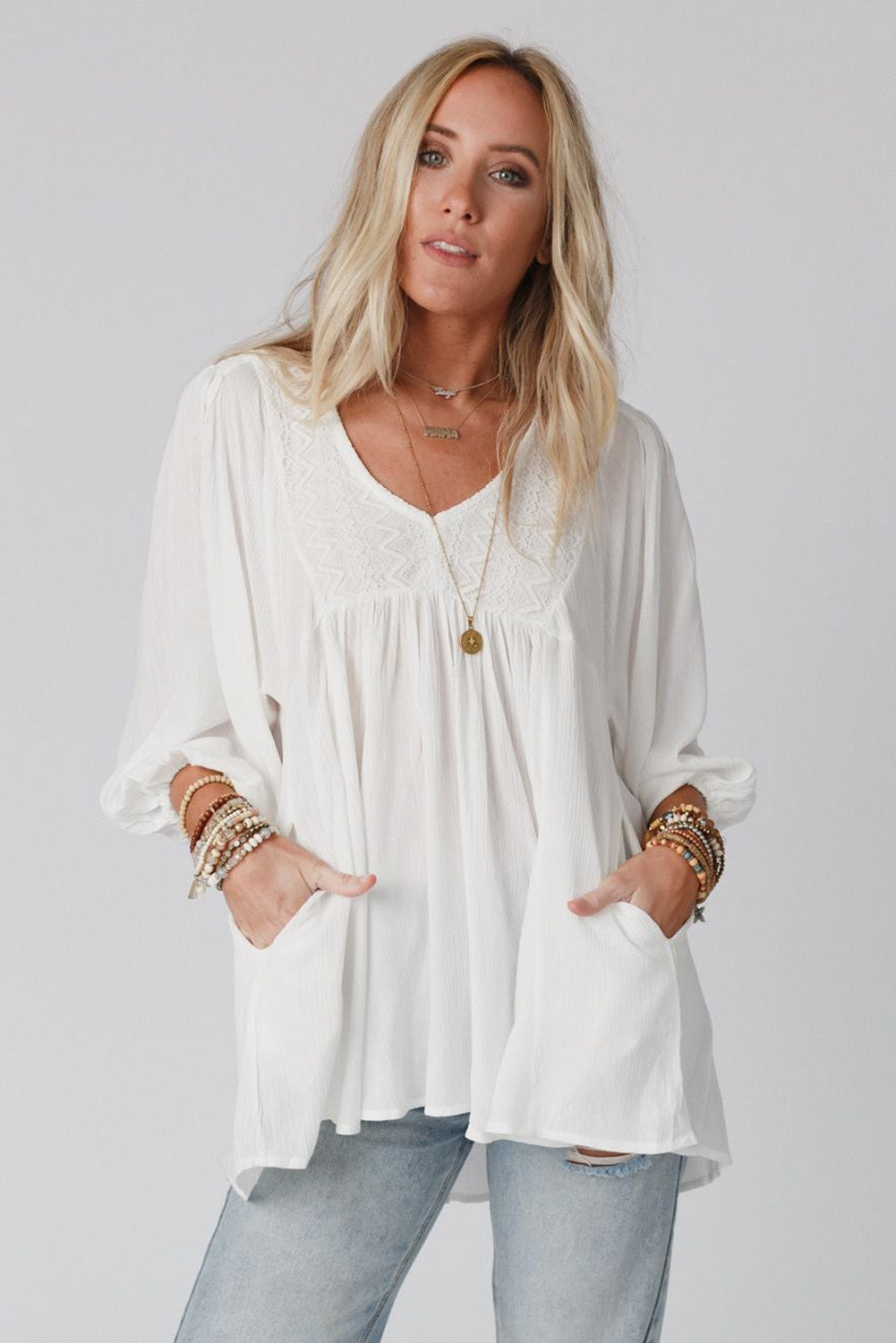 White Lace V-Neck Bracelet Sleeve Ruffle Blouse