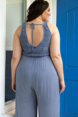 Blue Tie Back Crochet Tank Casual Plus Size Jumpsuit