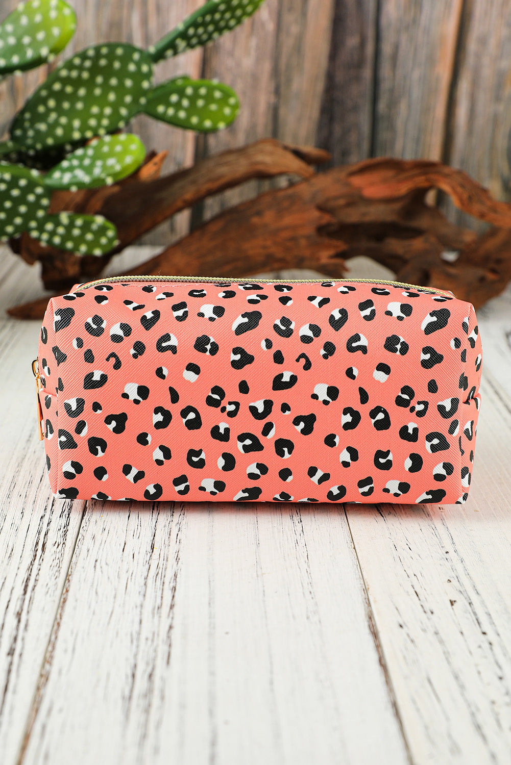 Pink Leopard Print Zipped Cuboid Cosmetic Bag 19*8*9cm