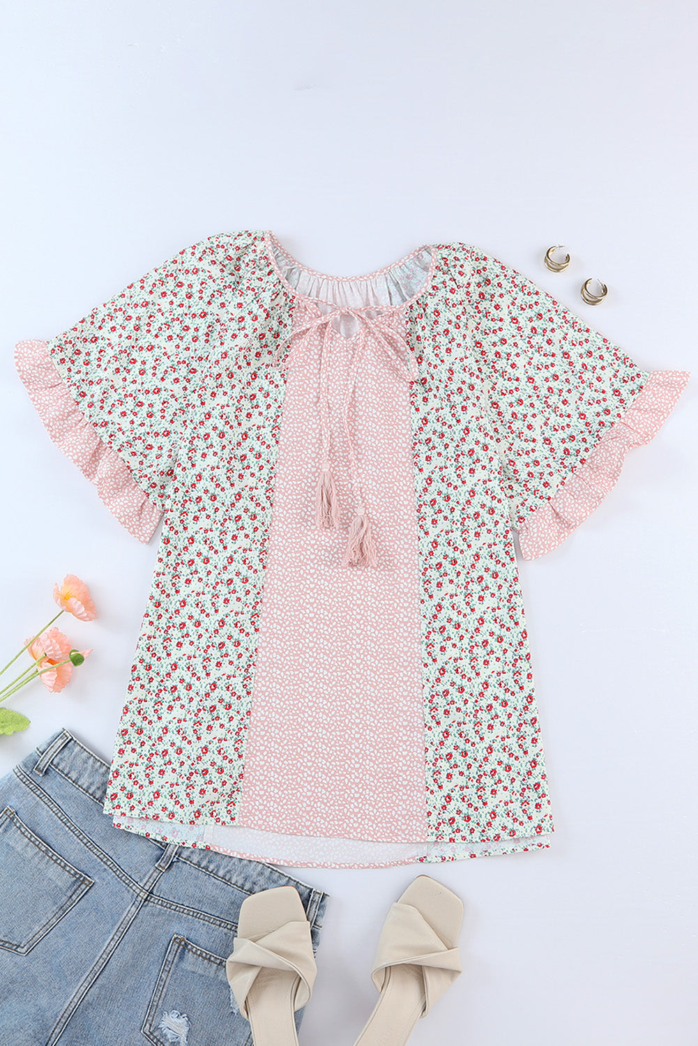 Pink Dotty Floral Patchwork Plus Size Long Sleeve Blouse