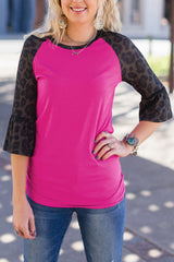 Rose 3/4 Leopard Ruffled Raglan Sleeves Knit Top