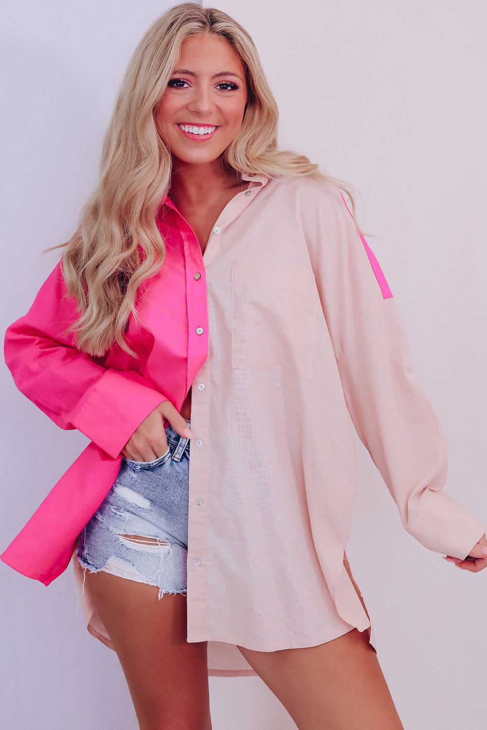 Pink Color Block Patchwork Oversized Shirt