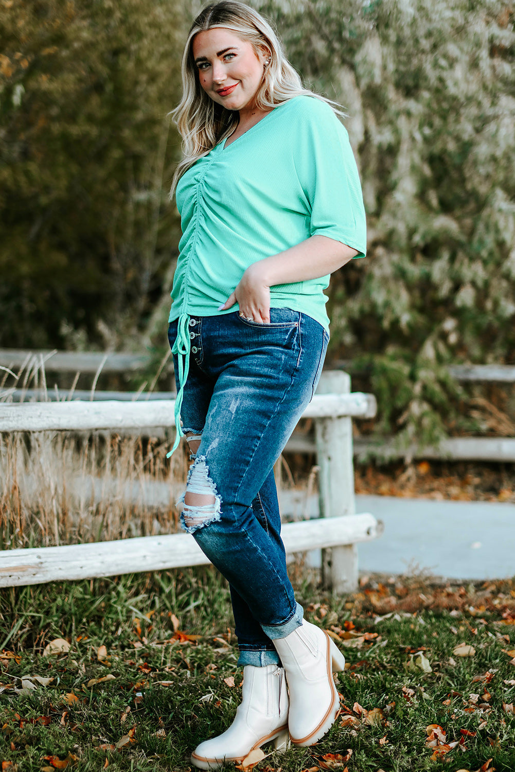 Green Plus Size Ruched Rib Drawstring V Neck Top