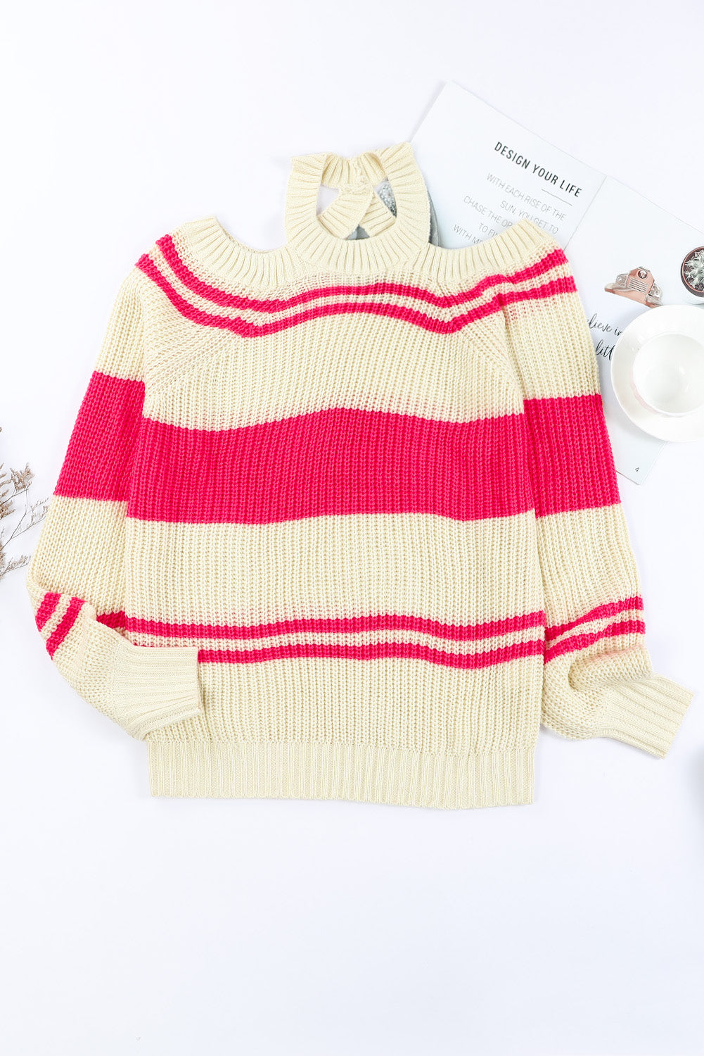 Black Striped Cold Shoulder Knit Sweater