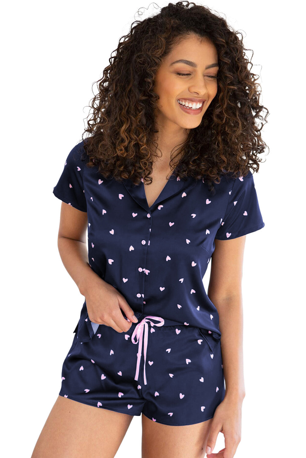 Blue Satin Heart Print Short Sleeve Top and Shorts Lounge Set