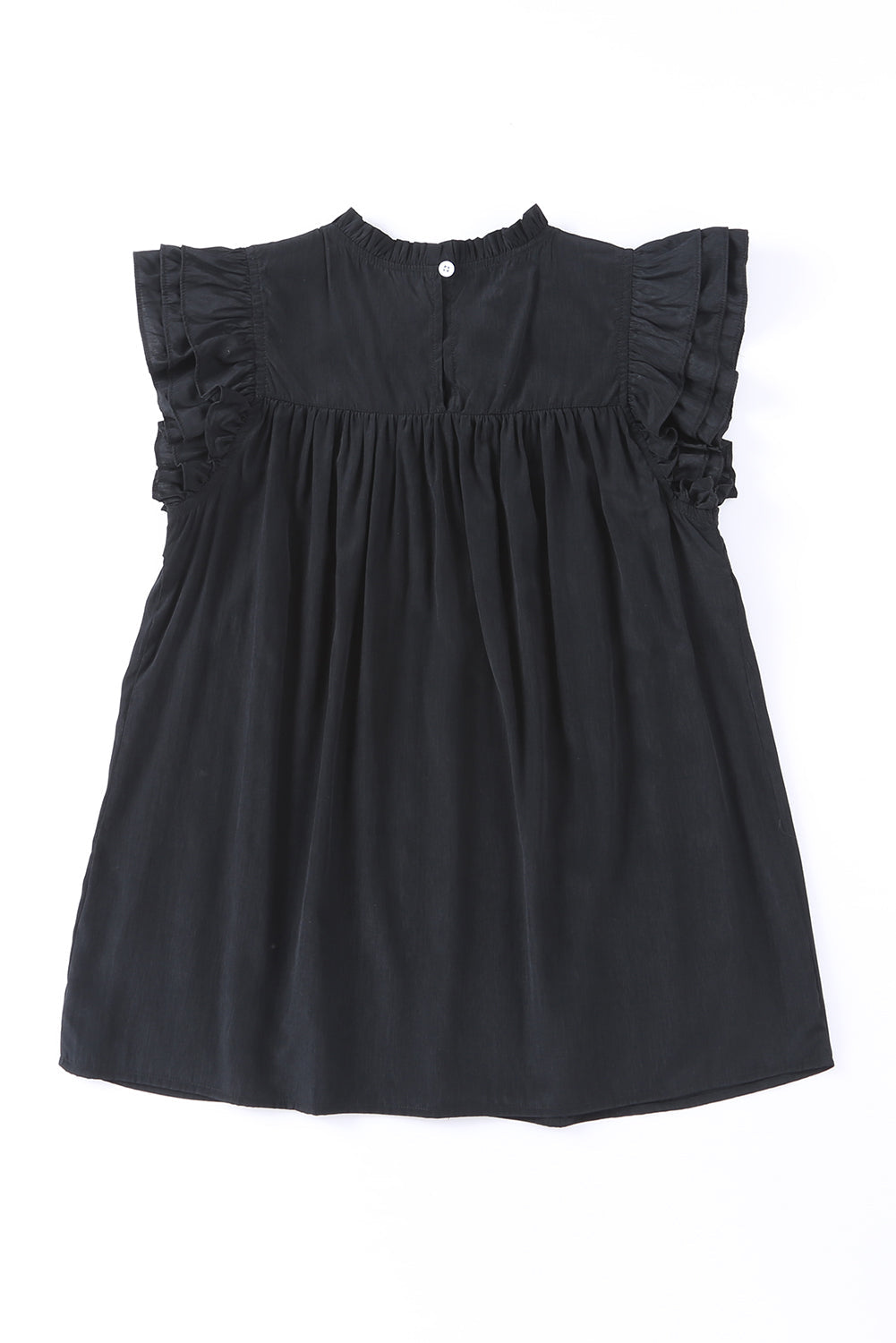 Black Ruffle Sleeve Pleated Yoke Loose Top