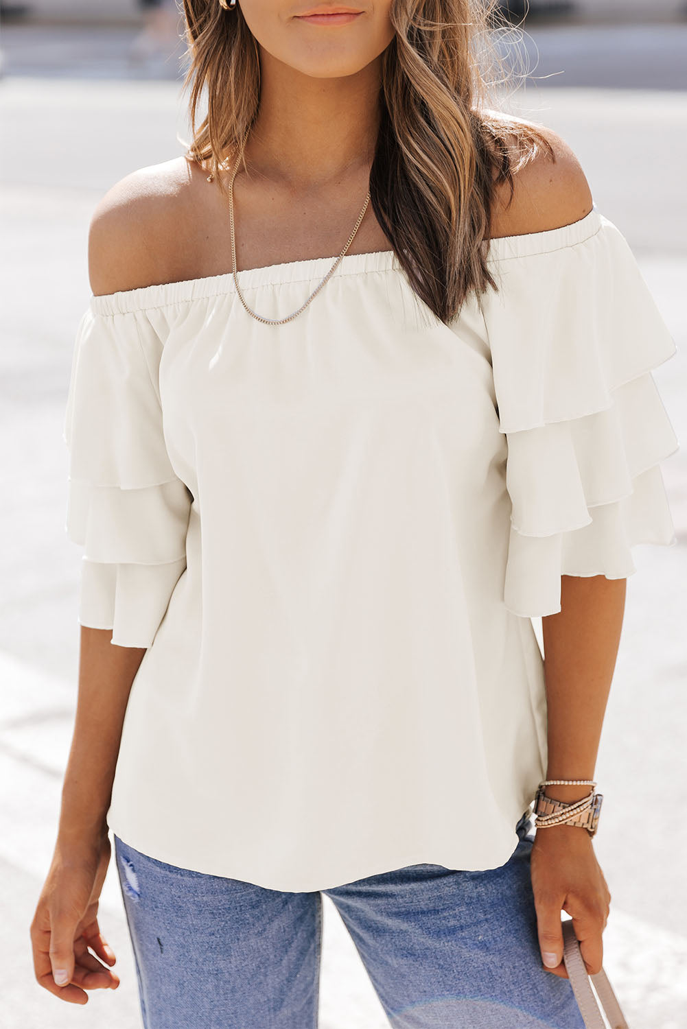 Apricot Tiered Ruffled Half Sleeve Off Shoulder Blouse