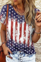 Red American Flag Inspired Bleached Print Short Sleeve Tee