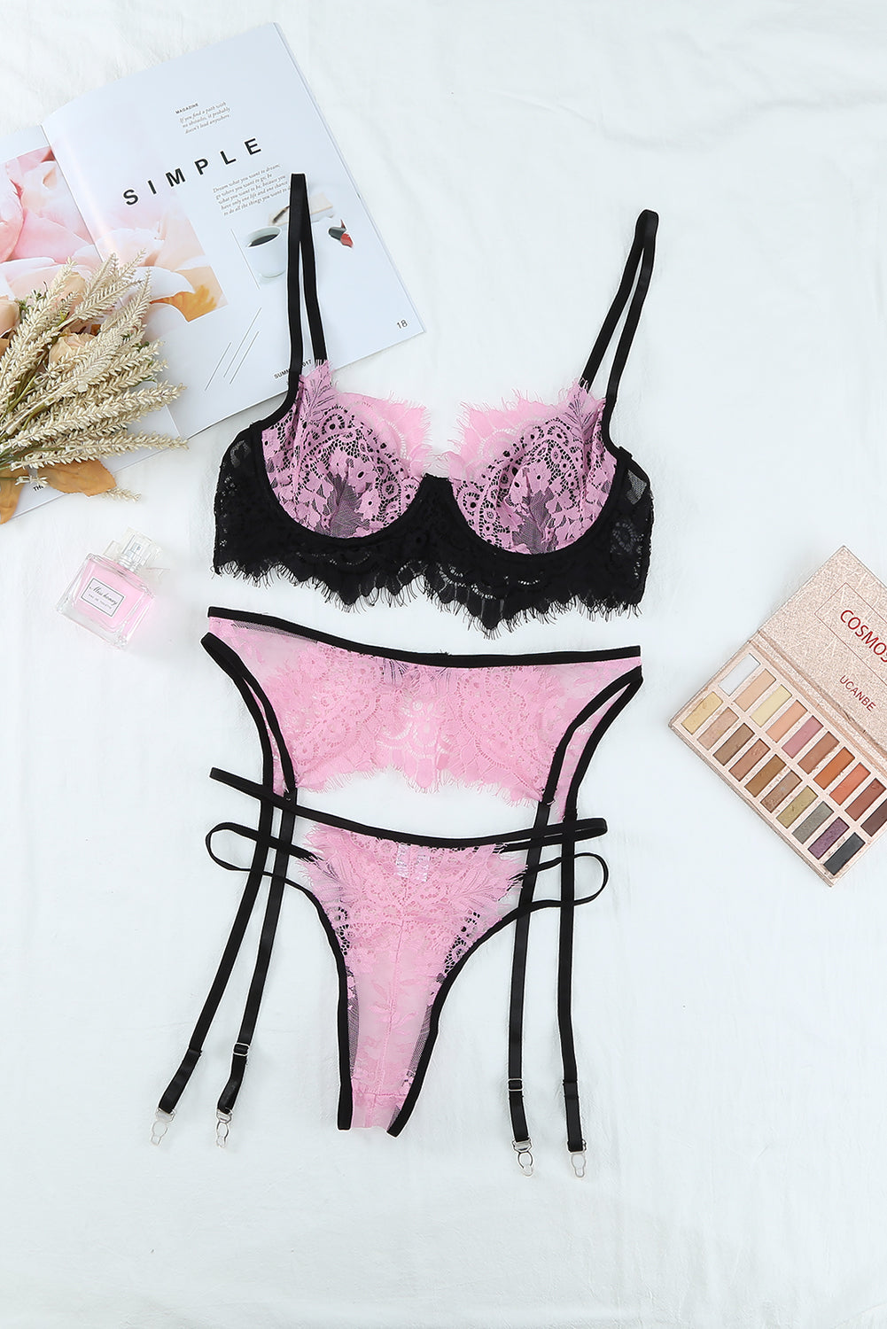 Pink Spaghetti Strap Eyelash Lace Bralette Set with Garter Belt