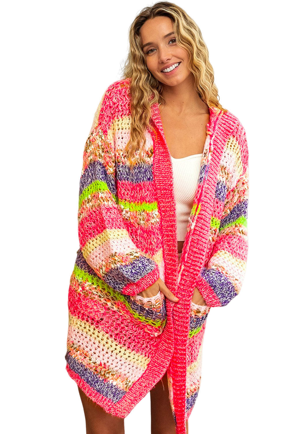 Rose Striped Knitted Hooded Open Front Cardigan