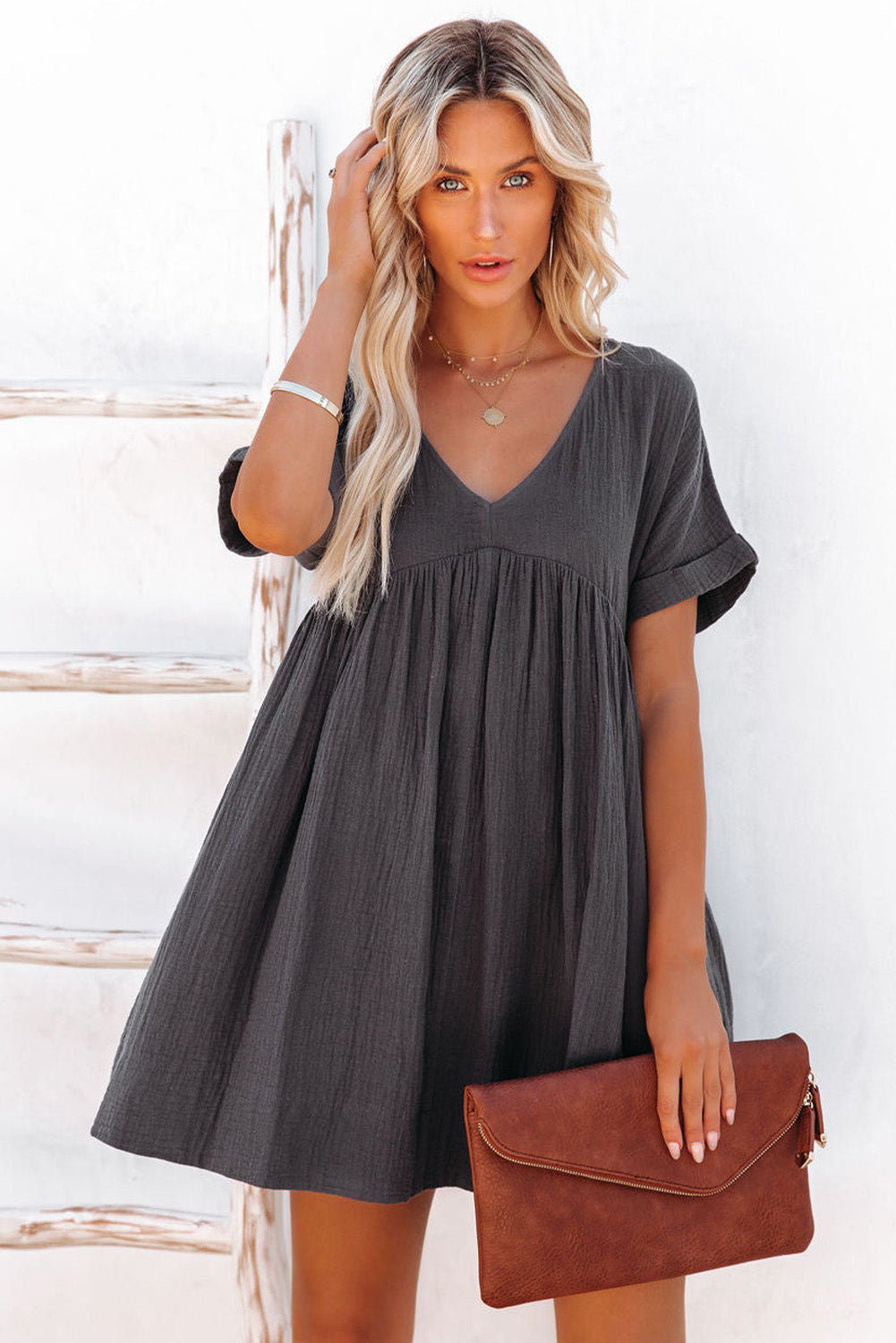 Gray Roll Up Short Sleeve V Neck Babydoll Mini Dress