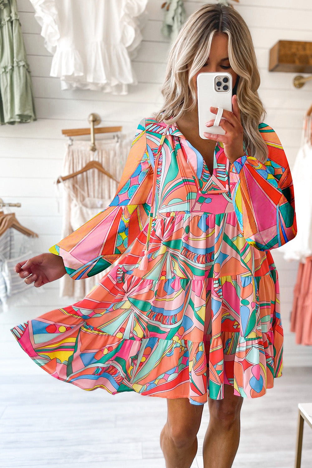 Multicolor Abstract Geometric Print Tassel Tie Flared Dress